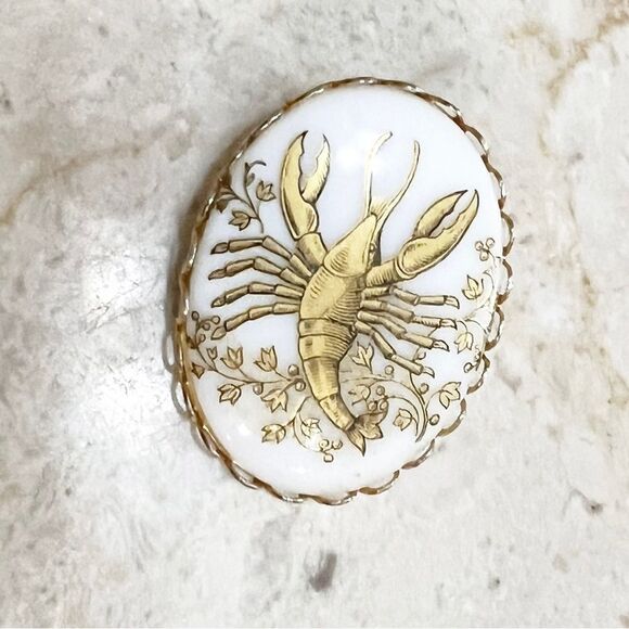 Jewelry - Vintage Gold Painted Cancer Art on Milk Glass Goldtone Scalloped Brooch 1960’s